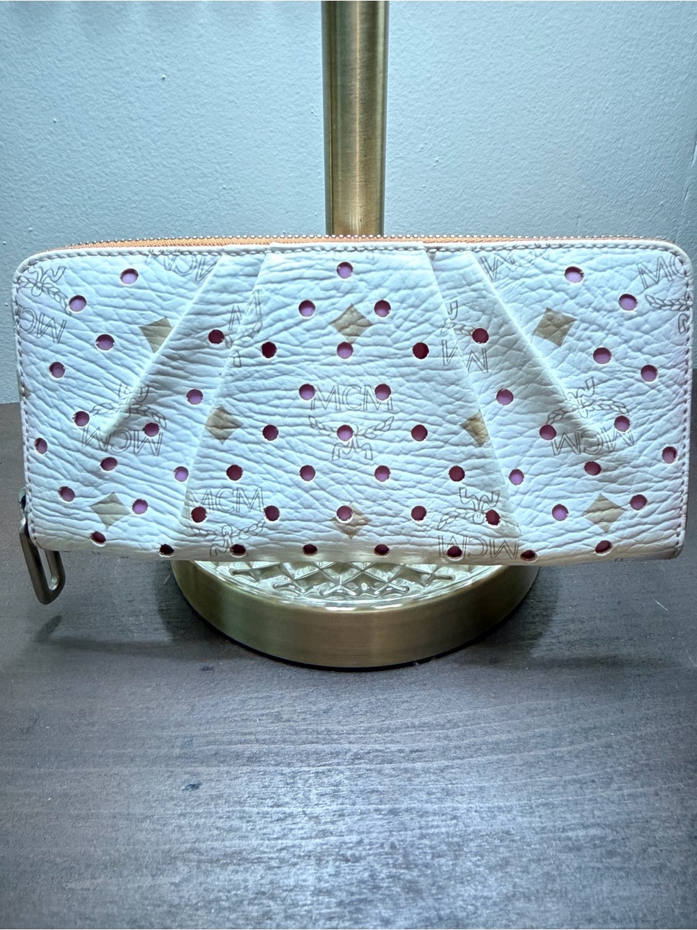 MCM White Perforated Zip-Around Wallet with Pink Interior Accents